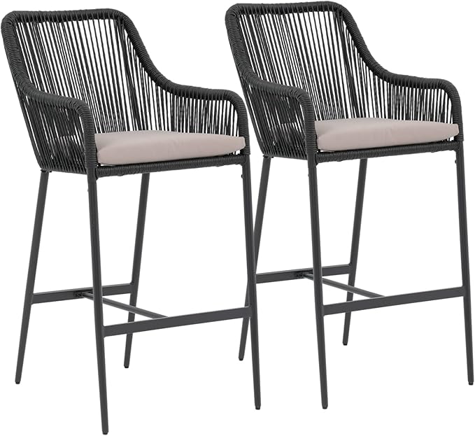 Wicker Bar Stools Set of 2, Patio Outdoor Rattan Bar Height Chairs with Cushions