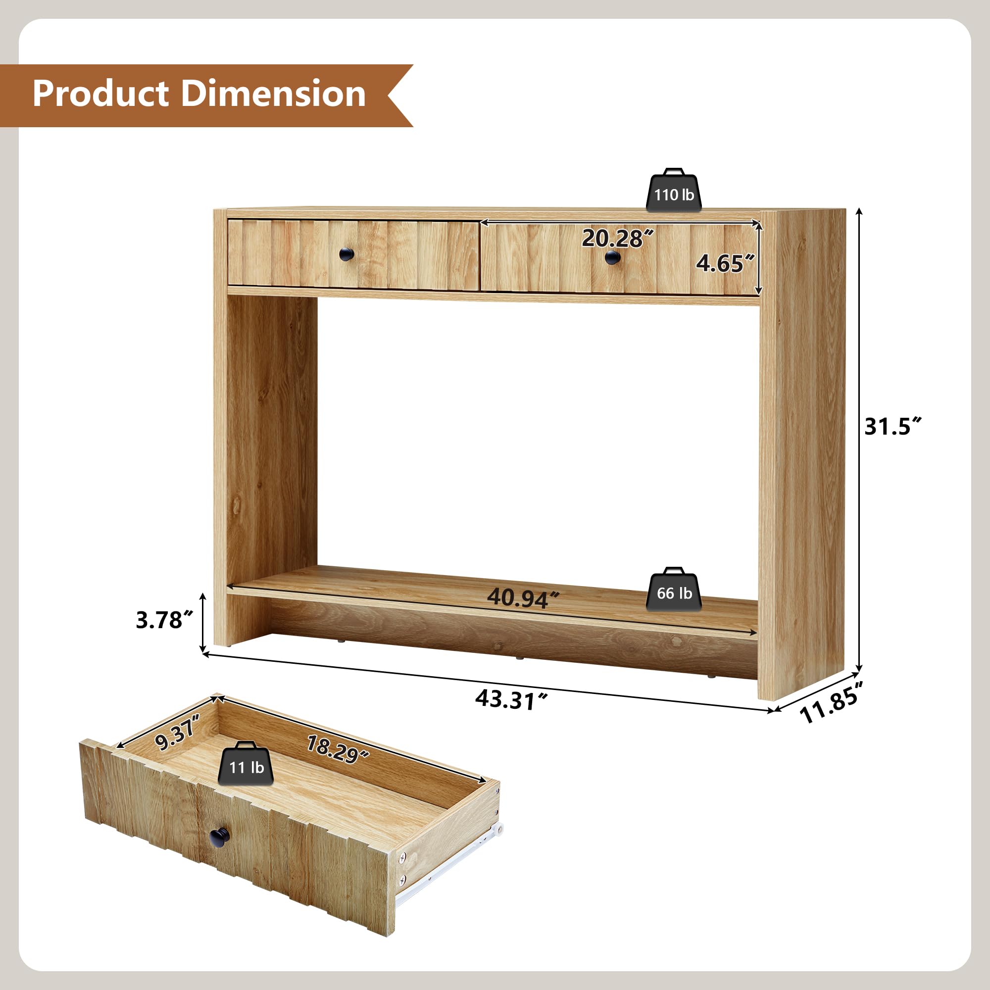 Entryway Console Table with Fluted Drawers - 43" Mid Century Sofa Table
