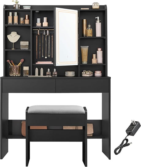 Desk with Power Outlets, Makeup Vanity with Mirror and Lights, Upholstered Vanity Stool,