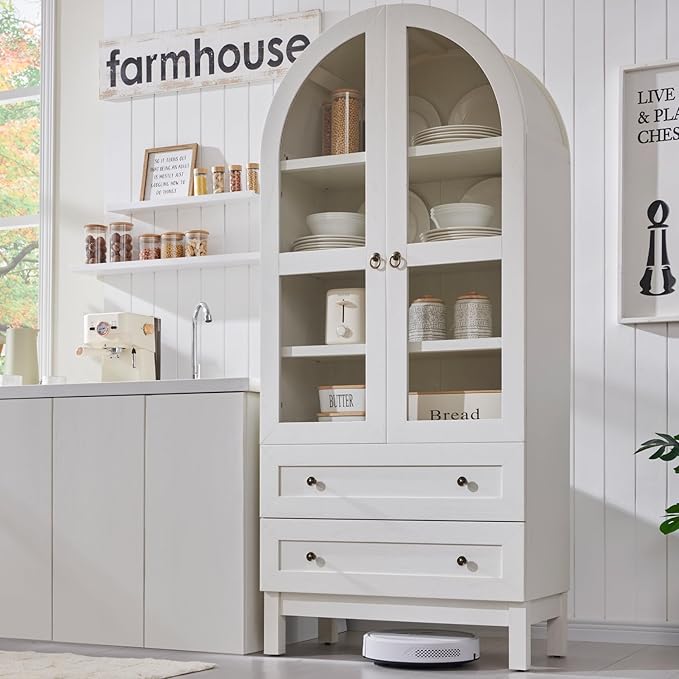 71" Tall Arched Kitchen Pantry, Modern Farmhouse Wood Kitchens Storage Cabinets