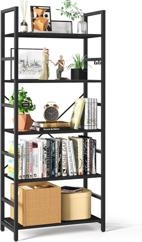 5 Tier Bookshelf - Tall Book Shelf Modern Bookcase for CDs/Movies/Books, Rustic Book