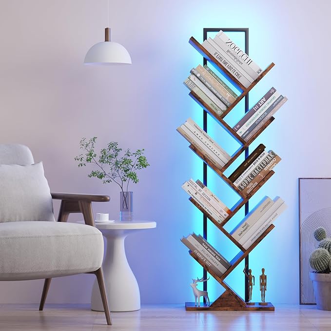 Bookshelf with LED Lights, 9 Tier Tree Bookshelf, Floor Standing Bookcase