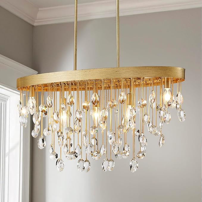 6-Lights Gold Chandeliers for Dining Room, Modern Crystal Pendant Light Fixture,