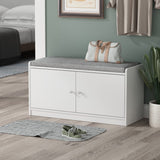 Wood Shoe Storage Bench with Cushion Seat, 2 Doors & 4 Storage Compartments, Entryway Shoe Rack Bench for Bedroom, Hallway, White and Grey (35.8”L x 13.7”W x 18.1”H)