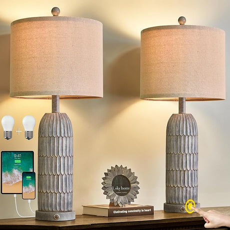 3-Way Dimmable Touch Control Table Lamp Set of 2 with Dual USB Charging Ports