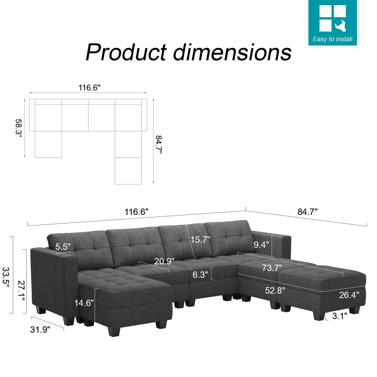 Belffin Modular Storage U-Shape Sectional Sofa Couch with Reversible Chaises 7-seat Sofa with Storage Seat Modular Sectional Sofa Set with Ottomans Modern Fabric Dark Grey