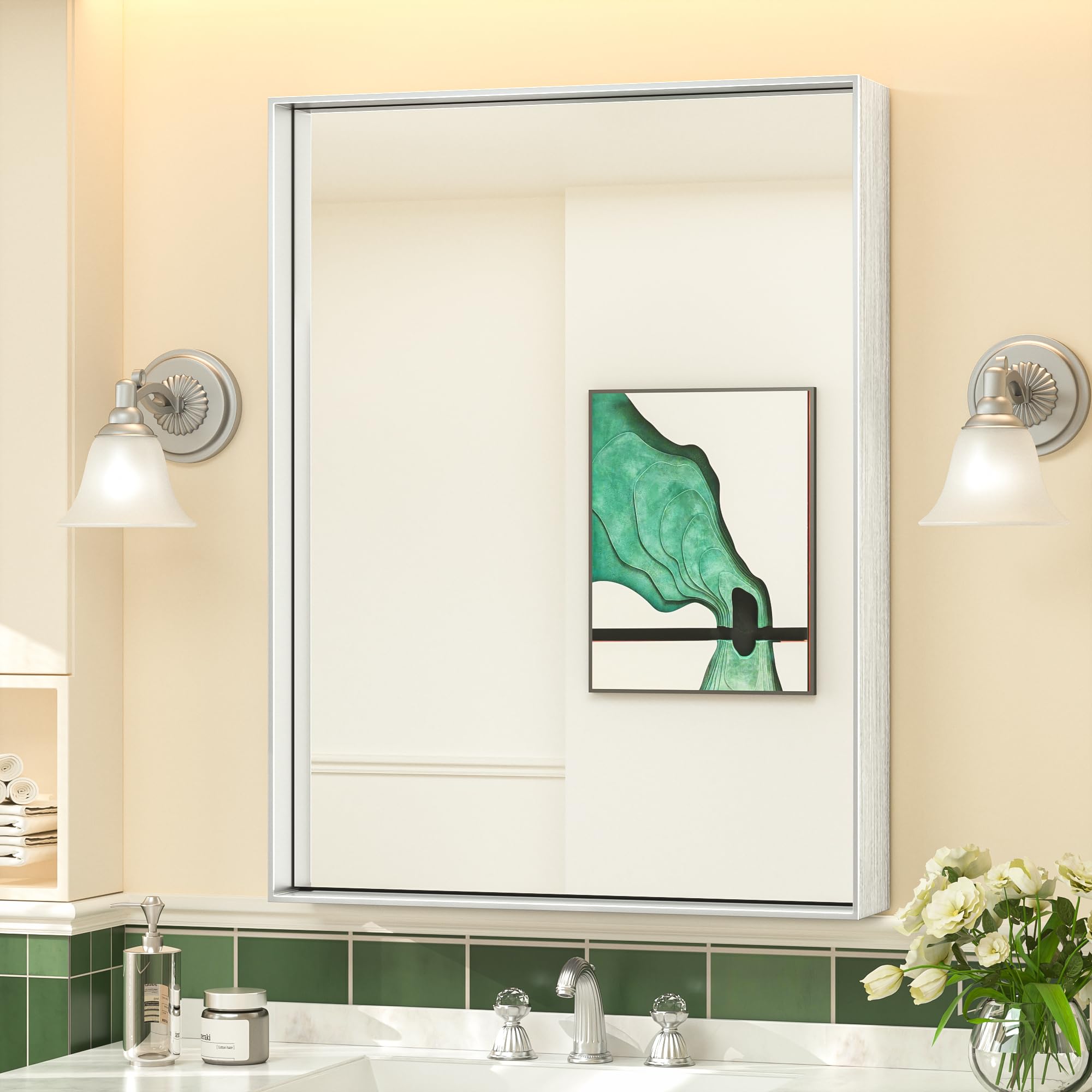 24x32 Inch Silver Mirror for Bathroom Sink, Non-Rusting Metal Frame, HD Reflection