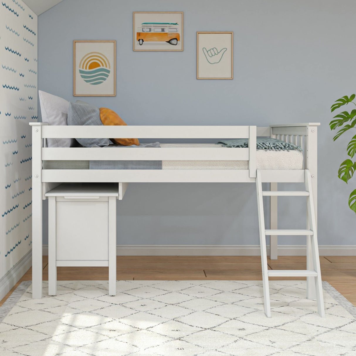 Low Loft Bed, Twin Bed Frame For Kids With Pull-Out Desk, White