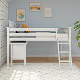 Low Loft Bed, Twin Bed Frame For Kids With Pull-Out Desk, White