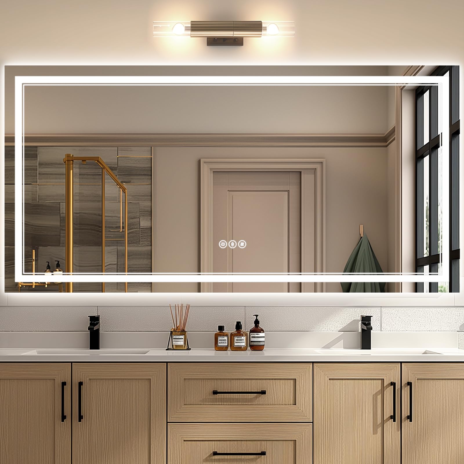 60x36 Inch Lighted Bathroom Mirror, Anti-Fog, Dimmable, 3 Colors Front
