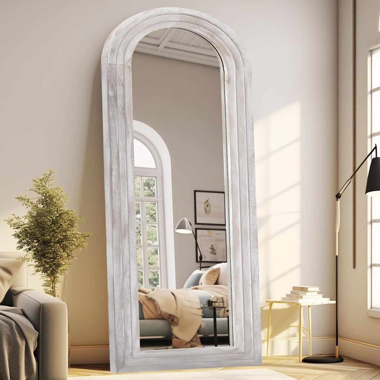 Arched Full Length Mirror with Solid Wood Frame, 65x22 Farmhouse Wall Mirror Full Length with Stand, Vertical Hanging, Leaning Standing for Bedroom, Living Room, Rustic White