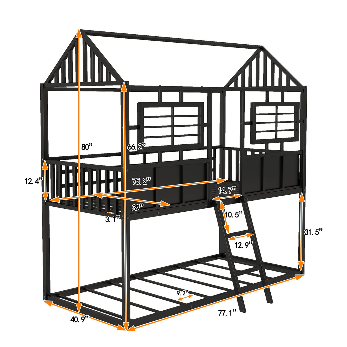 Twin Over Twin Size Metal Low Bunk House Bed with Roof, Two Front Windows