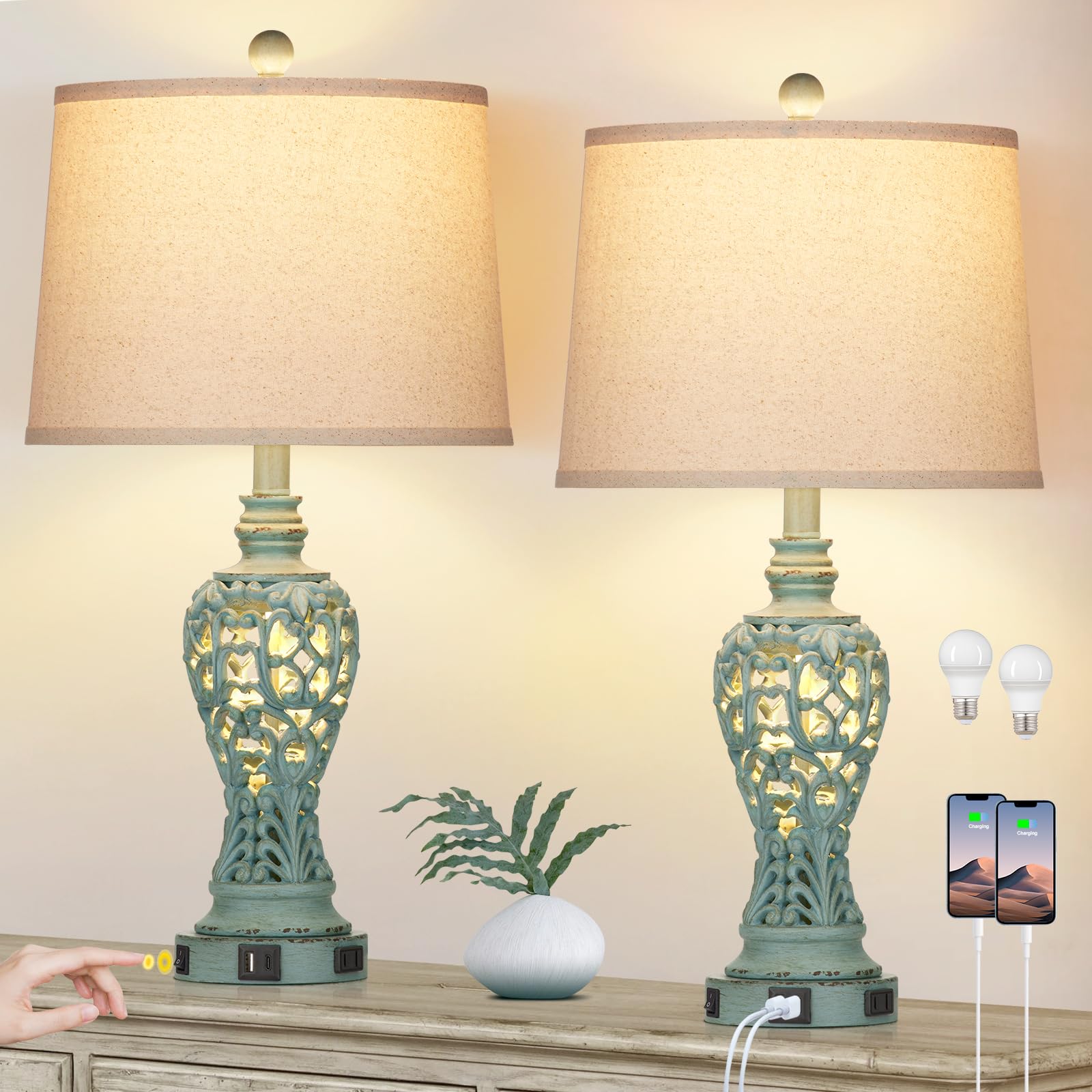 Rinweey Farmhouse Table Lamps Set of 2 with Nightlight, Coastal Bedside Lamps with USB A+C Ports & AC Outlet, Blue Vintage Nightstand Lamps for Bedroom Living Room