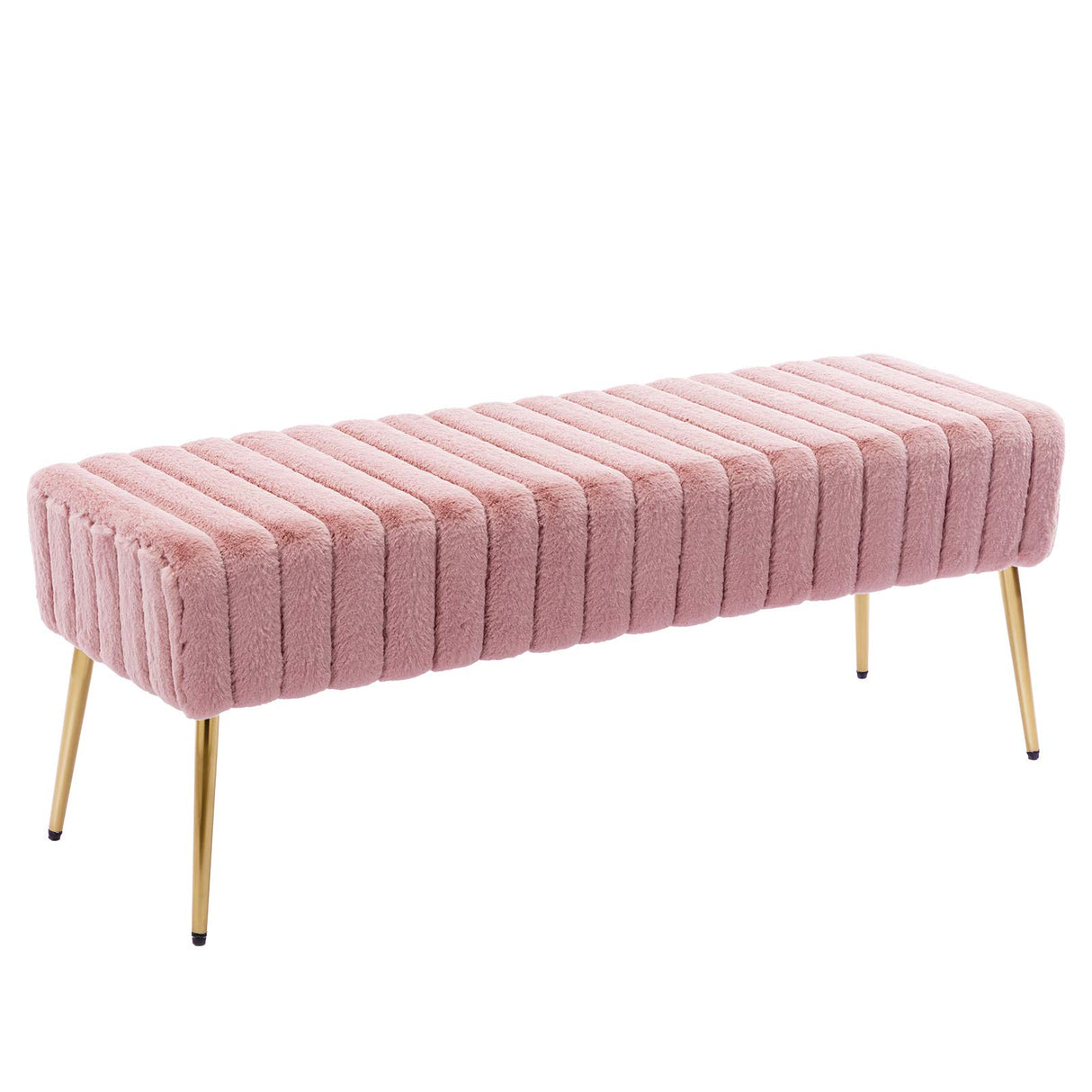 Modern Faux Fur Ottoman Bench, Stitched Upholstered Bedroom Benches with Gold Legs