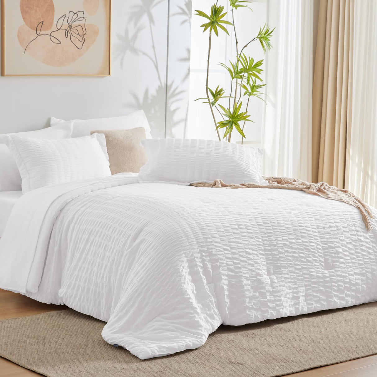 King Comforter Set with Sheets White Seersucker Bed in a Bag 7-Pieces All Season Bedding Sets