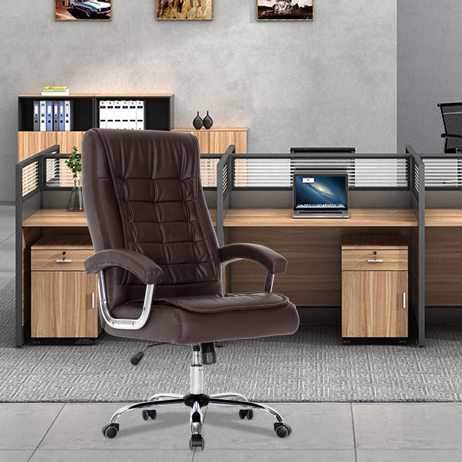 Chair Adjustable Leather Chair High Back Swivel Office Desk Chair with Padded Armrest 350lbs Load-Bearing Spring Seat Computer Desk Chair for Home Office (Brown)