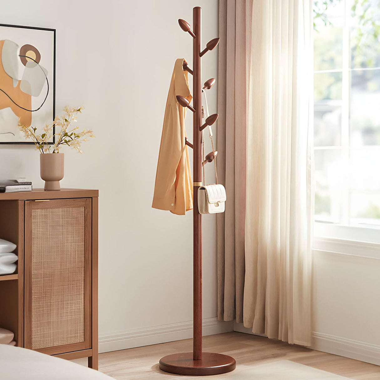 Coat Rack Freestanding Wooden Coat Tree Stand with 8 Bud-shaped Hooks