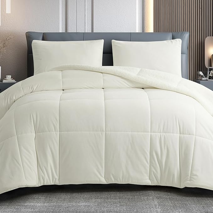 Queen Comforter Set Micromink Sherpa Comforter 3 Piece Ultra Soft Plush Down Alternative Bedding
