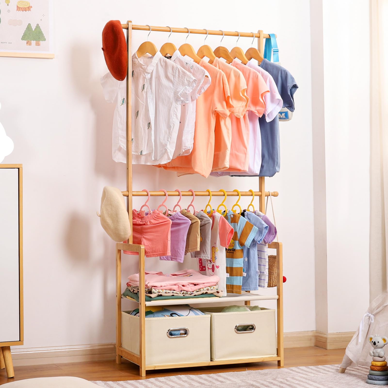 Kids Clothing Rack Bamboo with 2 Storage Baskets and 2 Adjustable Hanging Rods