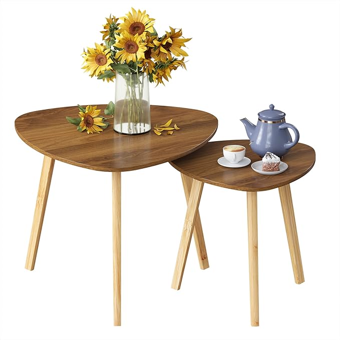 Bamboo Nesting Triangle End Table,Set of 2 Coffee Table Modern Minimalist Side