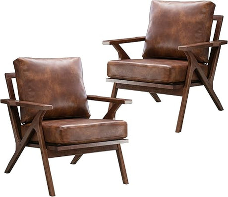 Mid Century Modern Chair, PU Leather Accent Chairs Set of 2, Armchair with Solid Wood