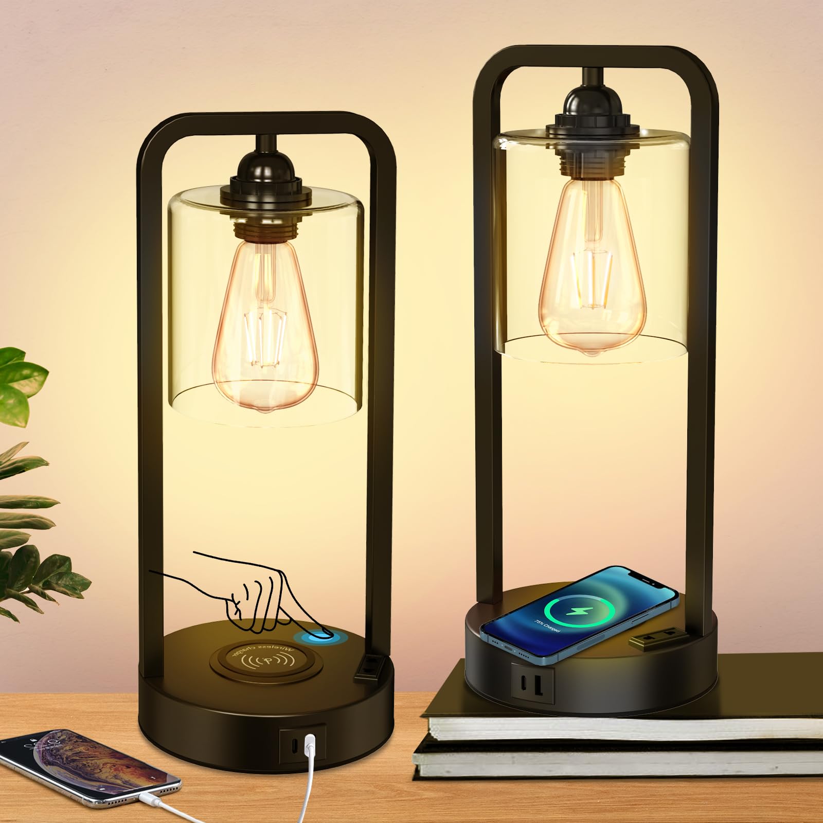 Wireless Charging Table Lamp for Bedroom Set of 2, Touch Control Dimmable