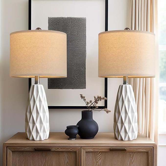23" Table lamp Set of 2 Modern Ceramic Small Blue Embossed Geometric Pattern Bedside
