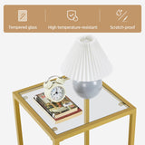 Glass Side Table, Tempered Glass Gold End Table with Shelf and Sturdy Metal Frame