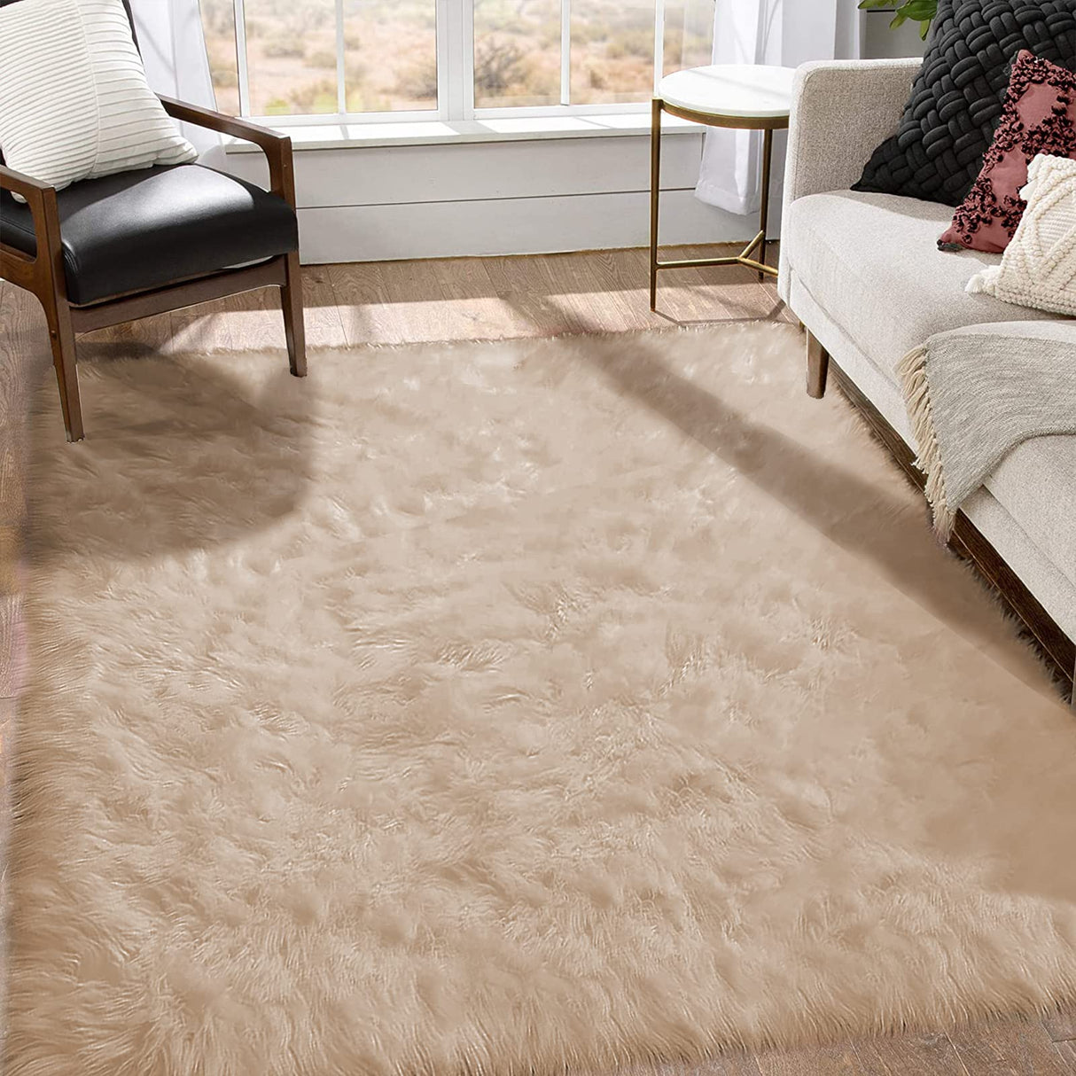 Goolela Area Rugs 8x10 Living Room Rugs Light Brown Beige Rug Washable Faux Fur Rug Fluffy Shag Rug Plush Rug Fuzzy Shaggy Rug for Large Bedroom Rug Home Decor Rectangle