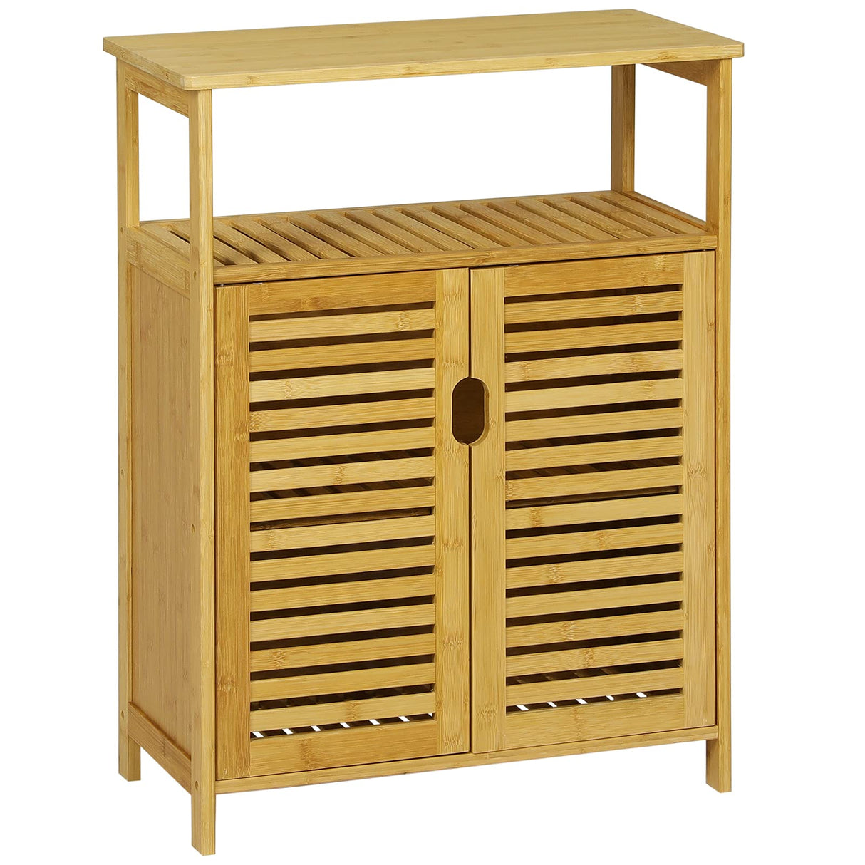 Bathroom Floor Cabinet, Bamboo Storage Cabinet with Doors and Open Shelves