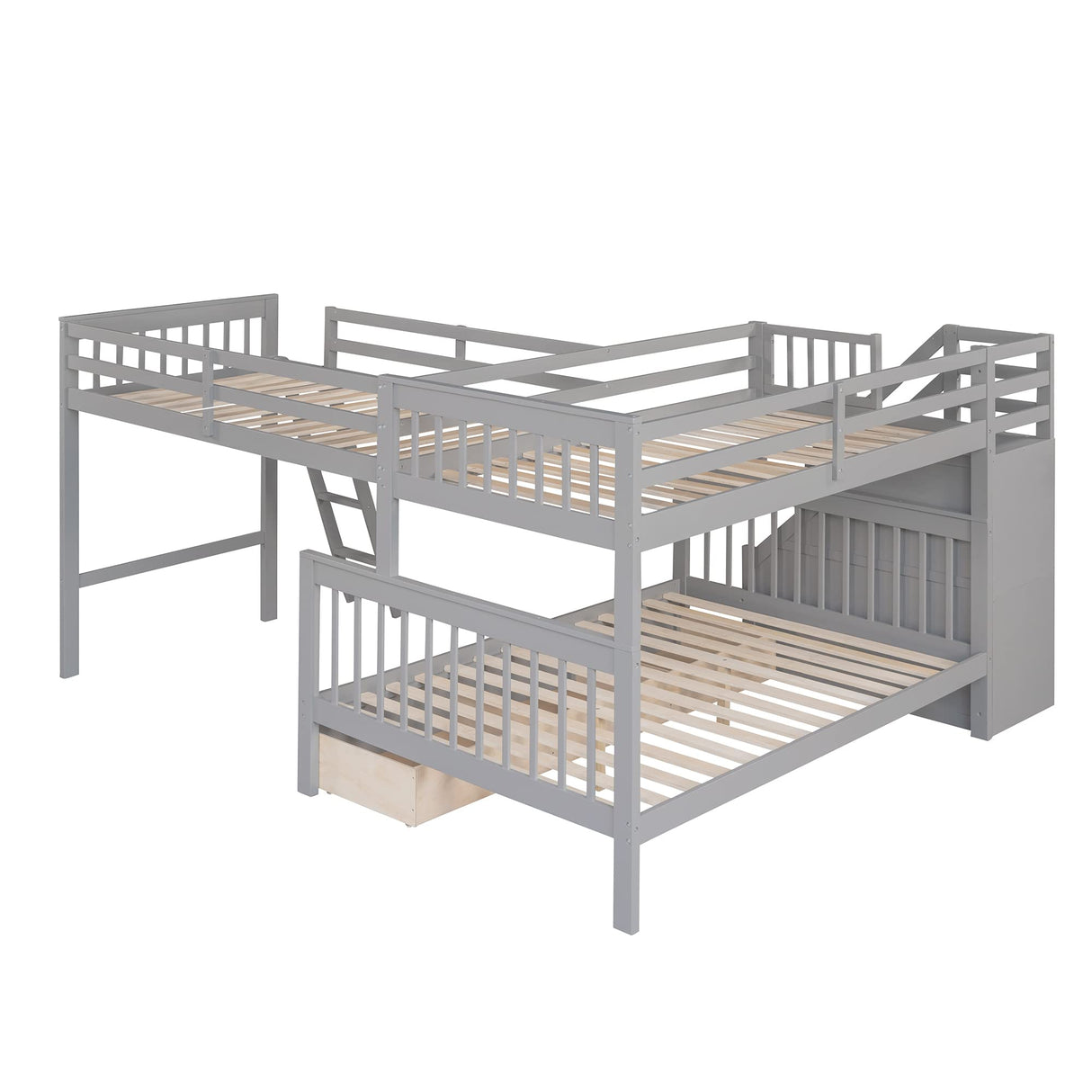 L Shaped Bunk Beds for 3, Triple Bunk Bed with Stairs and 3 Storage Drawers