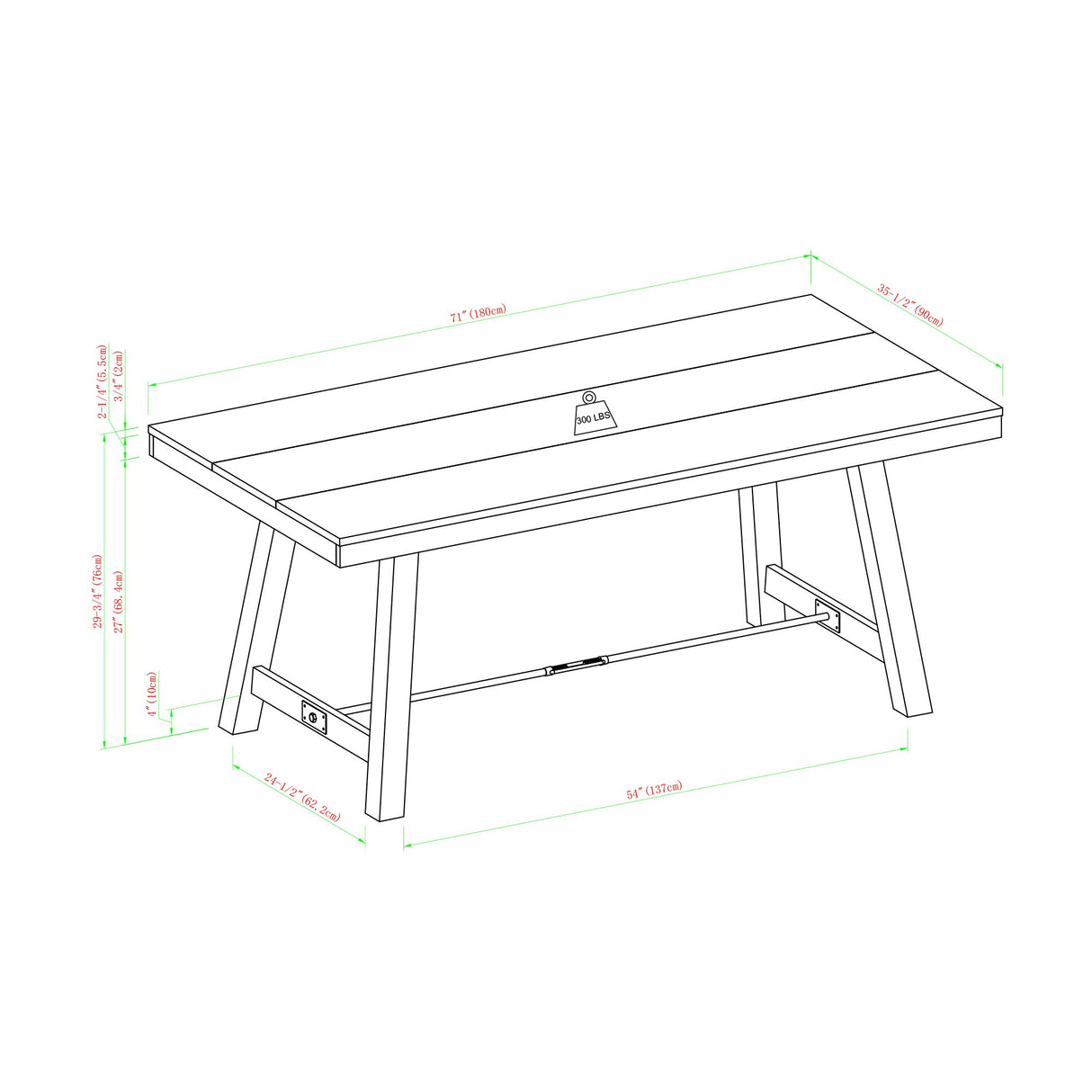 Liam Rustic Farmhouse Trestle Style Dining Table, 70 Inch,