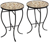 Teal Island Designs Mother of Pearl Modern Black Metal Round Outdoor Accent Side Tables 14" Wide Set of 2 Natural Mosaic Tile Tabletop Curved Legs for Spaces Porch Patio Home House Balcony Deck - Bircata