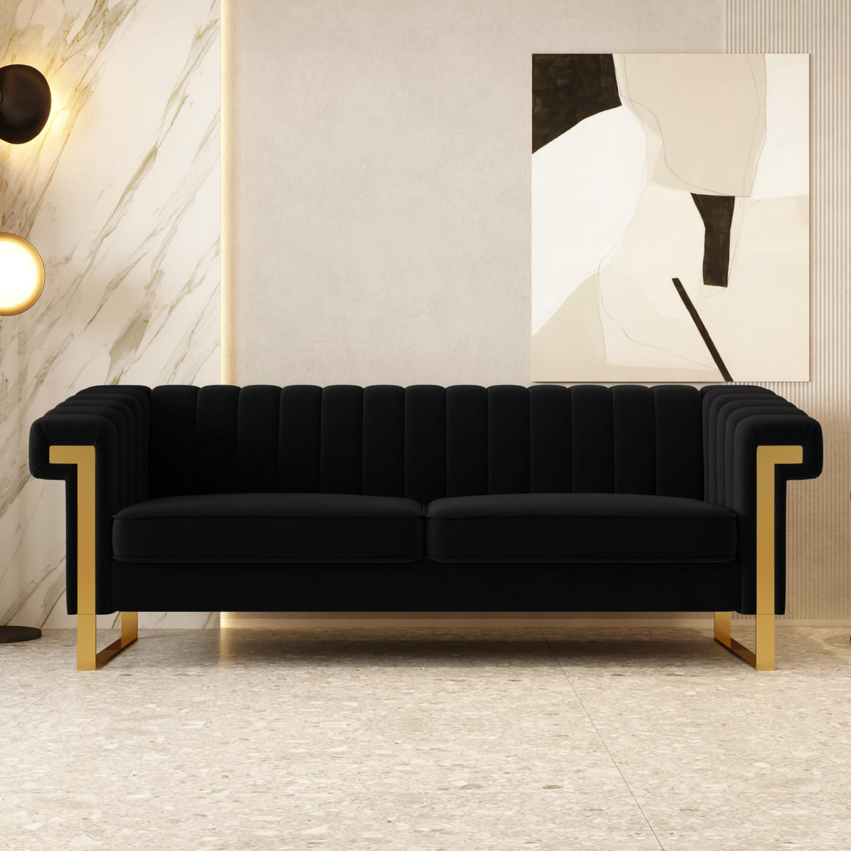 JINGDIAN Mid-Century Modern Black Velvet Sofa with Gold Metal Legs, 83.86"