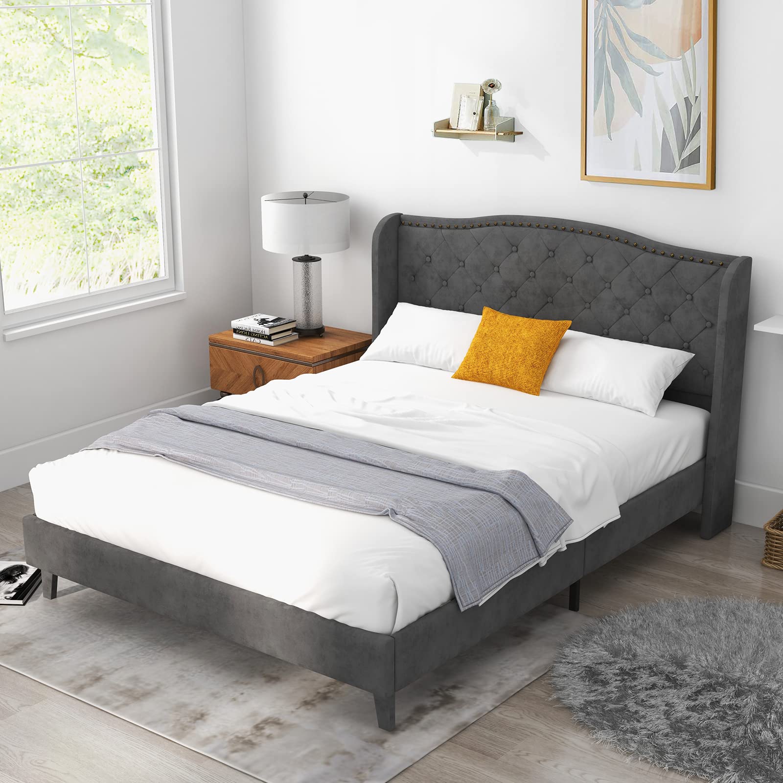 Velvet Upholstered Bed Frame, Wingback Platform Bed