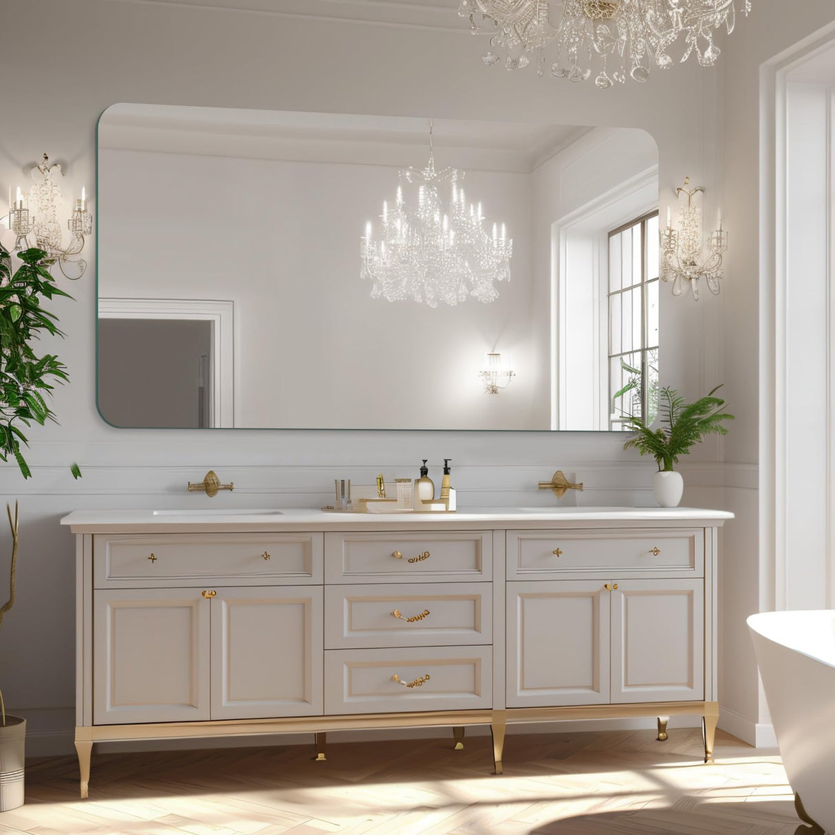 Frameless Bathroom Mirror, Rounded Corner Bathroom Vanity Mirror