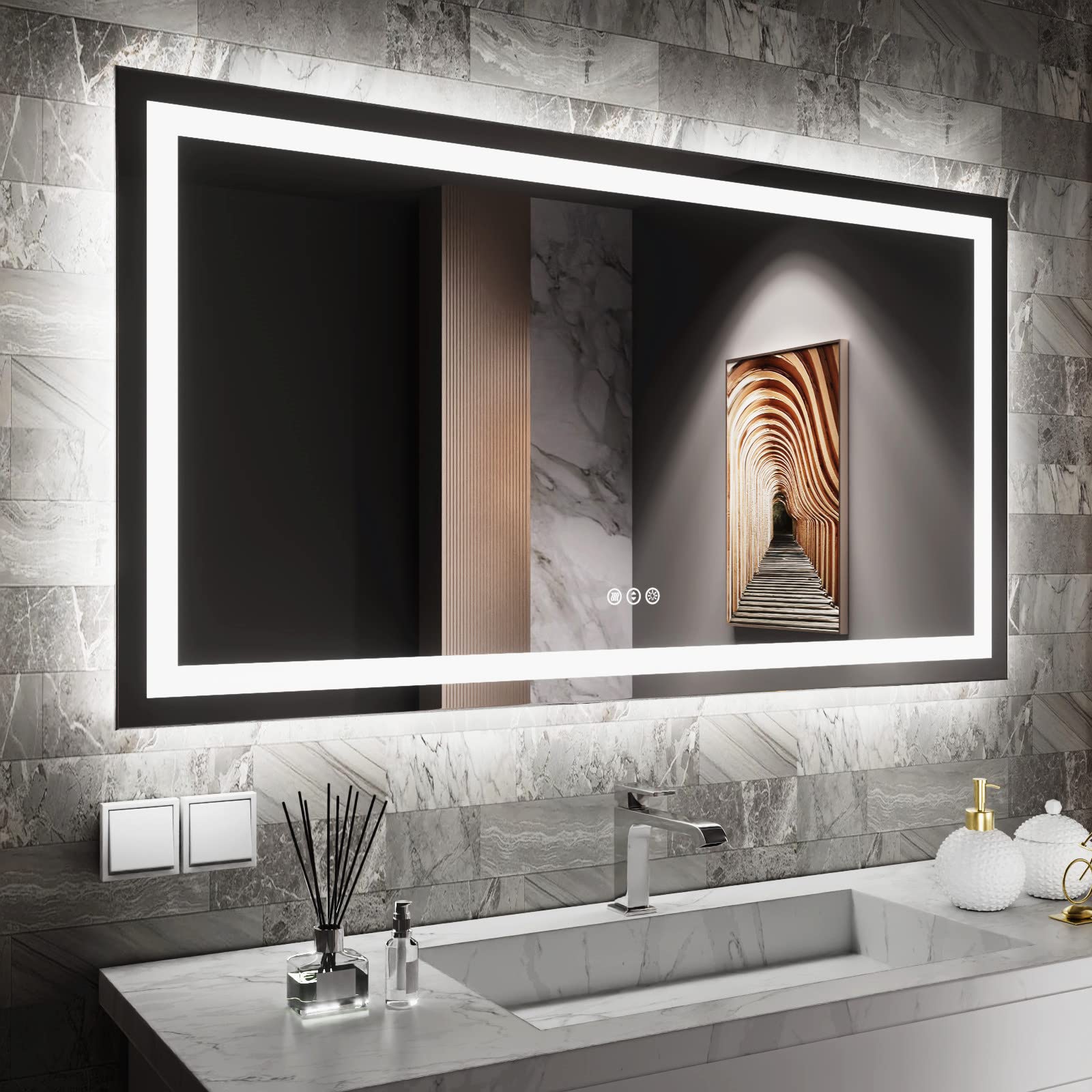 LED Bathroom Mirror 55"x 30", Backlit + Front-Lighted Vanity Mirror, Dimmable Bathroom