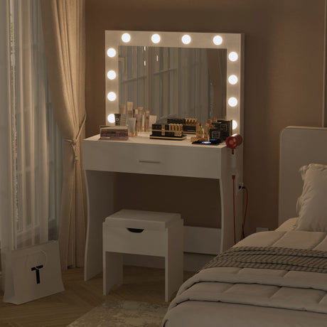 Desk with Mirror and 12 Lights 3 Color Modes, White Vanity Table for Bedroom