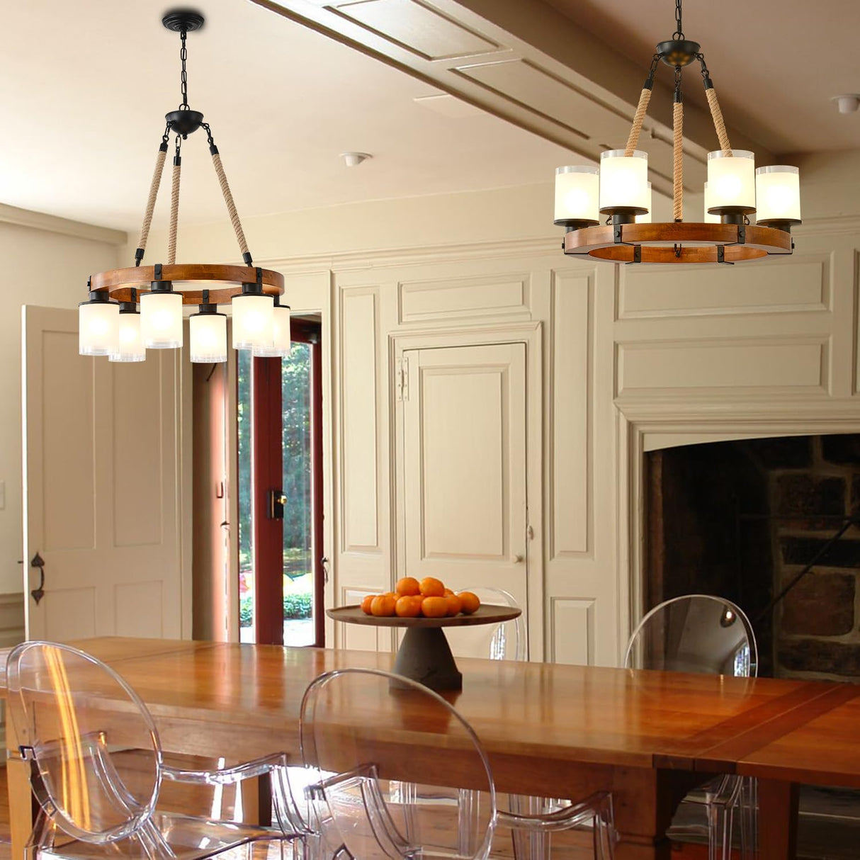 Farmhouse Wood Wagon Wheel Chandelier,6-Light Rustic Pendant Light with Glass Shades