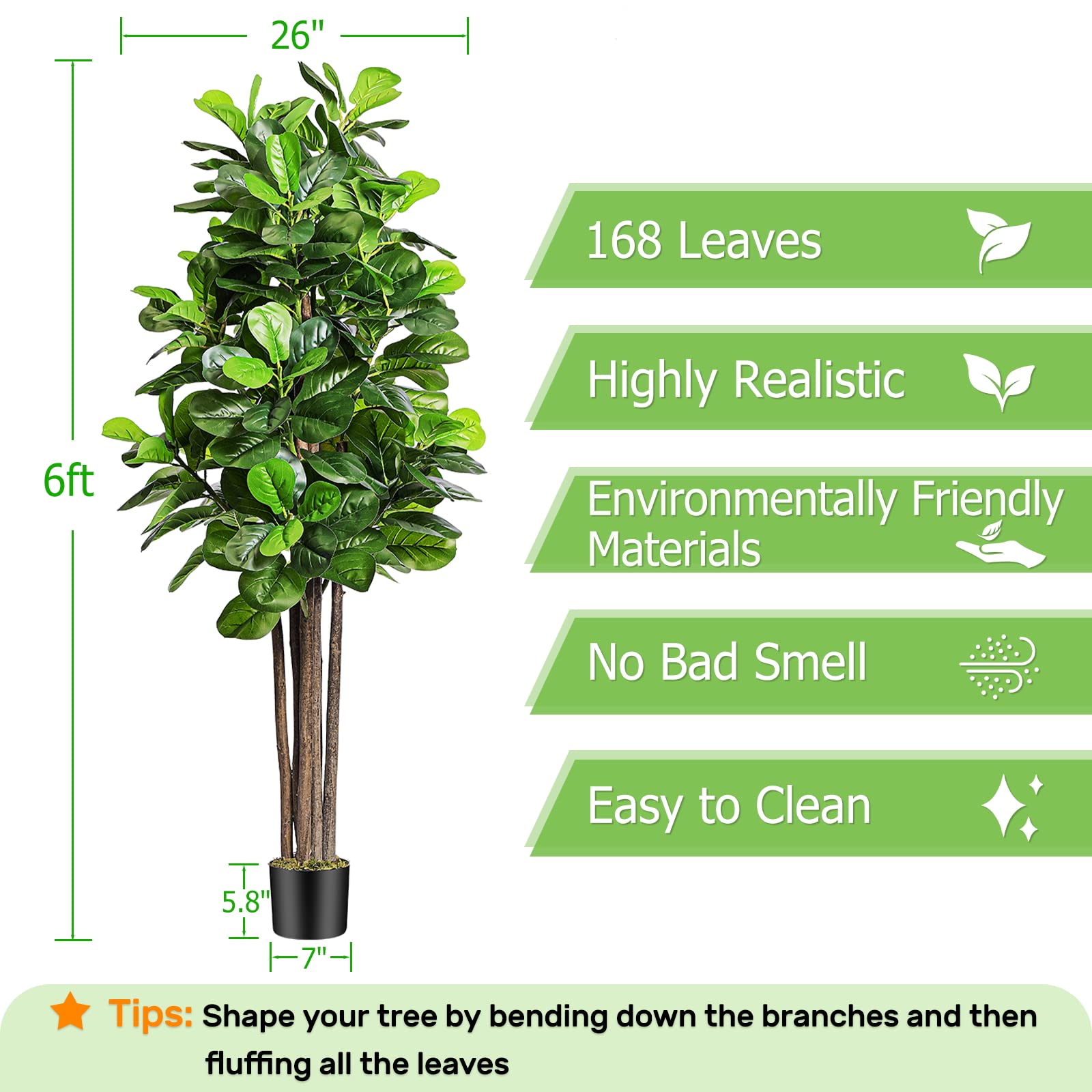 6ft Artificial Fiddle Leaf Fig Tree with 168 Leaves 6 Tree Trunks, Large Faux Ficus Lyrata
