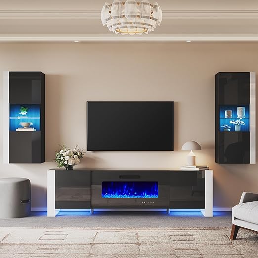 3-Piece Modern Wall Unit Entertainment Center Set, High Gloss 80" Fireplace