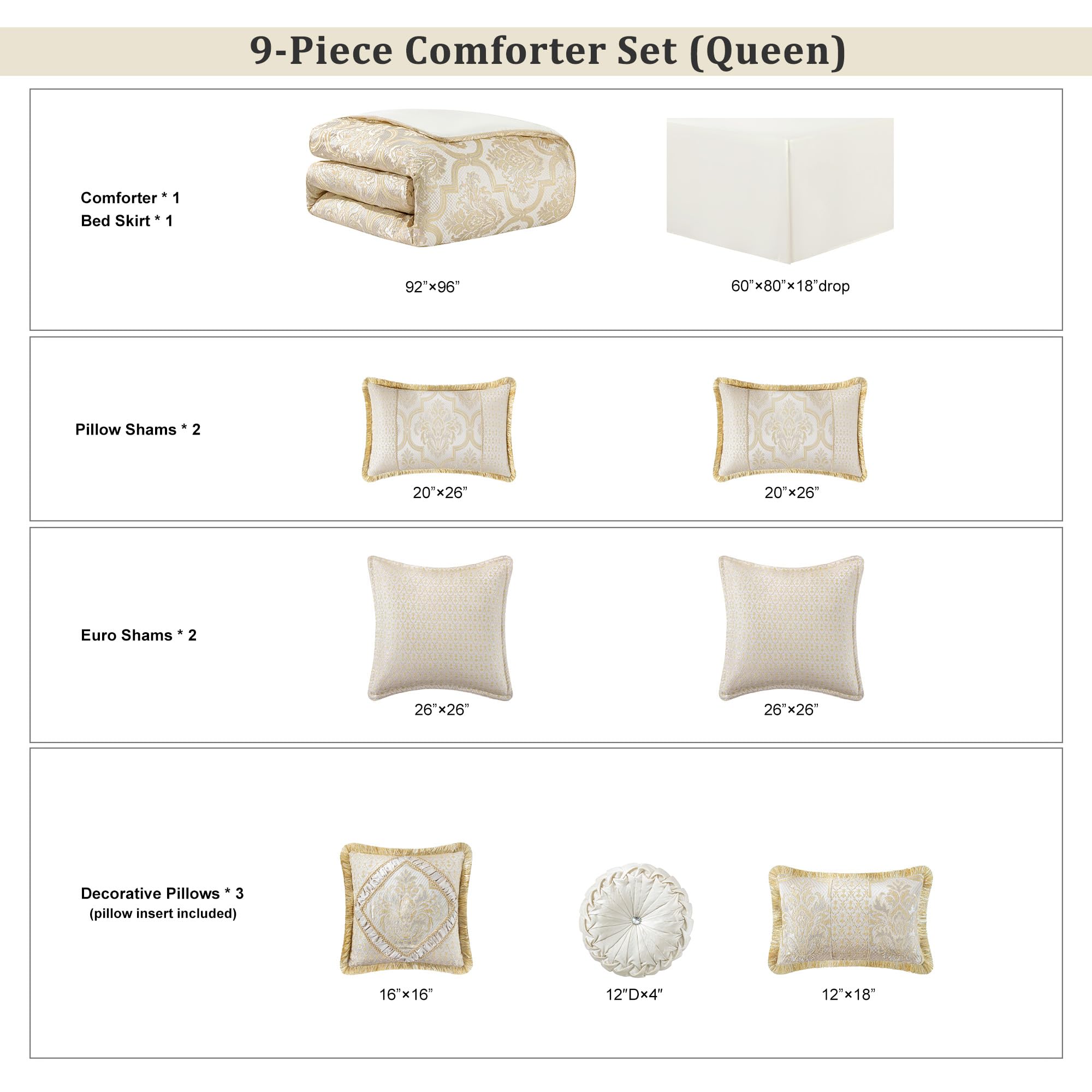 9-Piece Damask Floral Comforter Set - Queen Size Jacquard Bedding with Bed Skirt & Shams