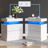 High Gloss LED Nightstand Set of 2 with Charging Station, Modern Bedside Table Night Stand