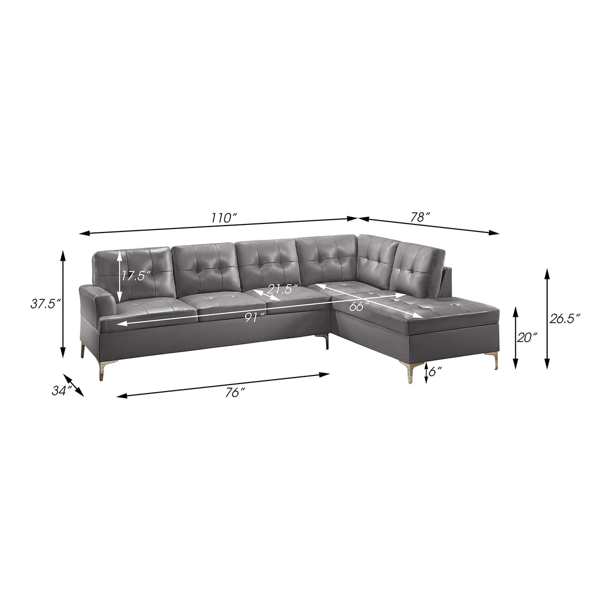 Dani 2-Piece Faux Leather Tufted Sectional Sofa with Right Chaise, 110" x 78", Grey