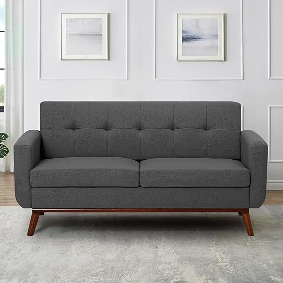 65" Linen Fabric Loveseat Sofa with Tufted Backrest, 2-Seat Mid Century Couch with Wooden Legs