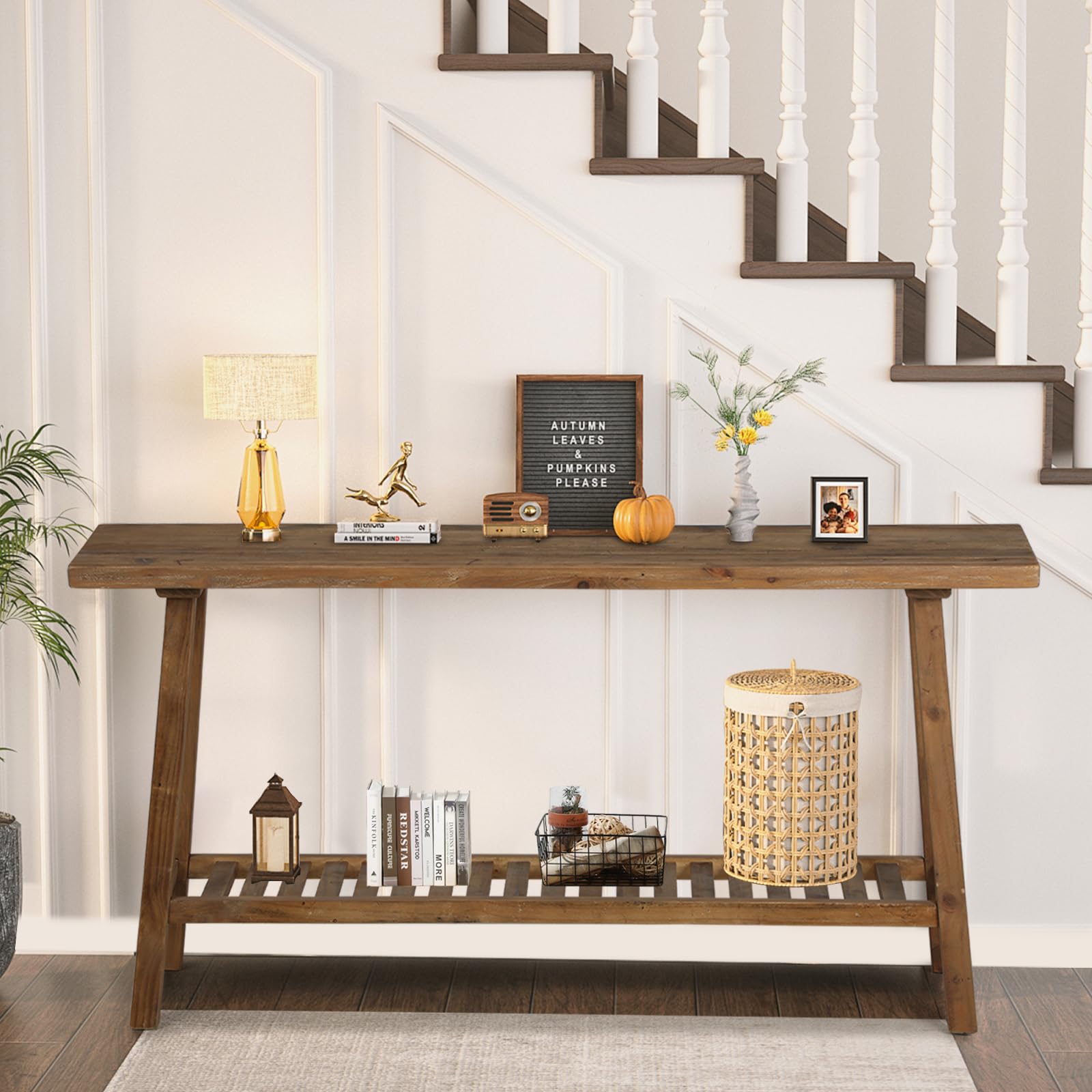 Reclaimed Wood Console Table 59" - Farmhouse Entryway Table with 2-Tier Storage