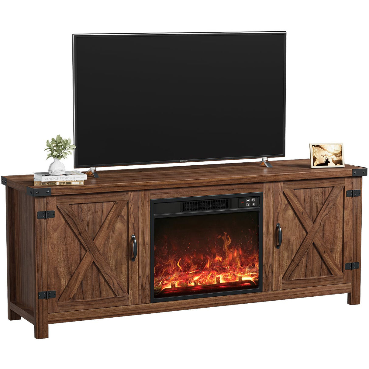 Fireplace TV Stand with Two Barn Doors and Storage Cabinets for Televisions up to 65+ Inch,