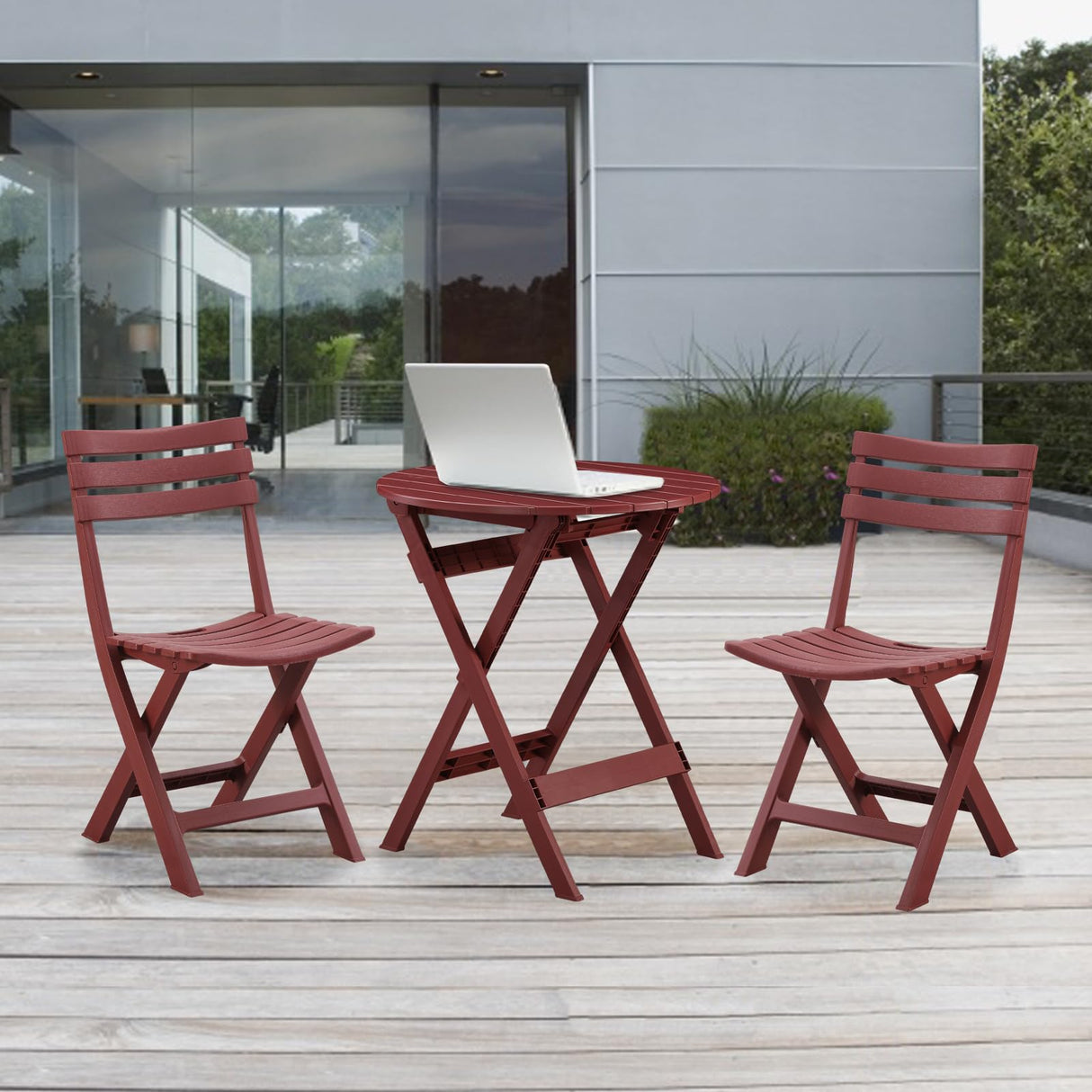 TAO ONE Patio Bistro Set, 3 Piece Plastic Folding Bistro Set, Portable Outdoor Patio Table and Chairs Set, Foldable Patio Furniture Set for Balcony, Porch, Backyard, Garden,Poolside (Red)