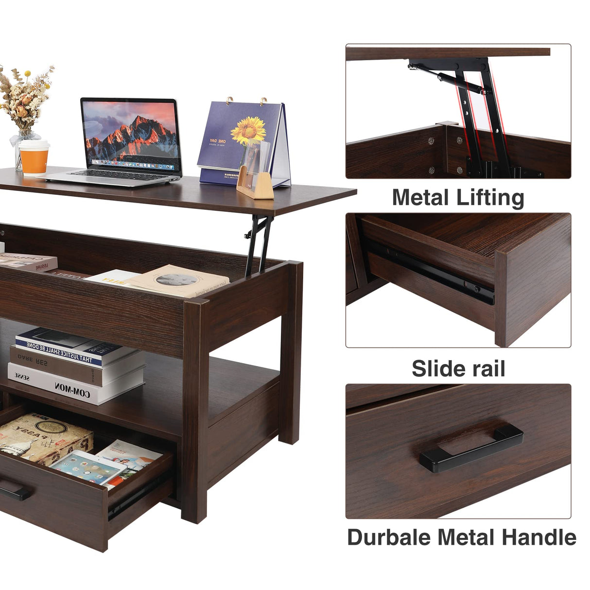 Lift Top Coffee Table with Storage,Lift Tabletop with Drawers and Hidden Compartment