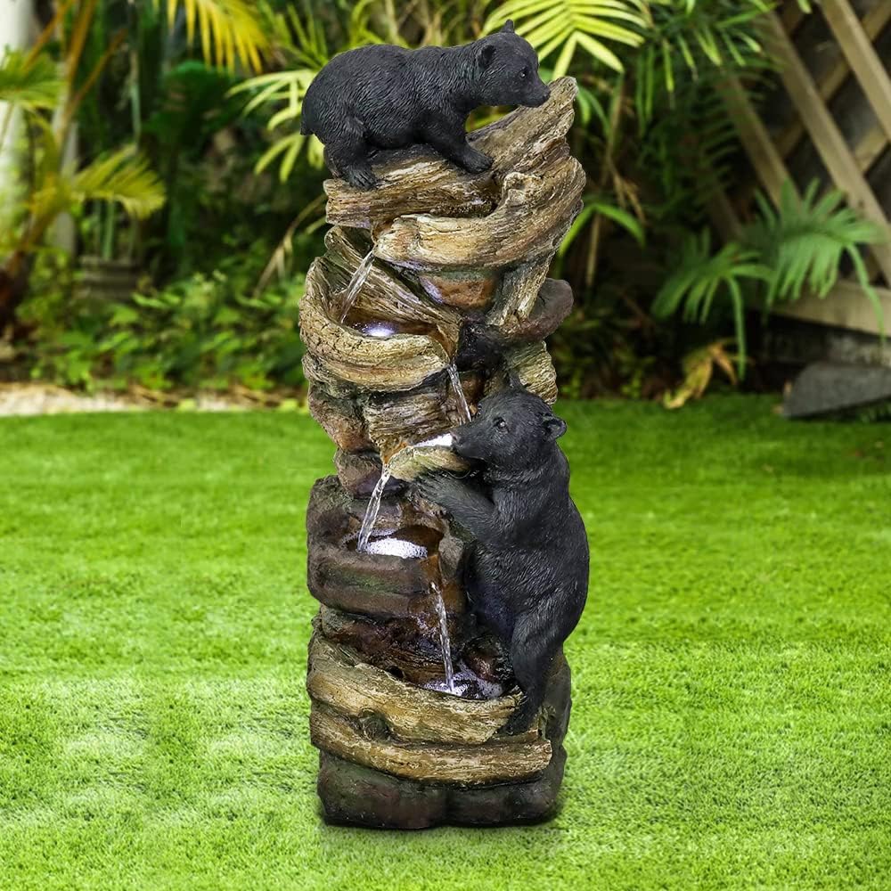 39.3 Inch 5 Tier Outdoor Garden Water Fountain Bears Climbing Tree Resin Fountain